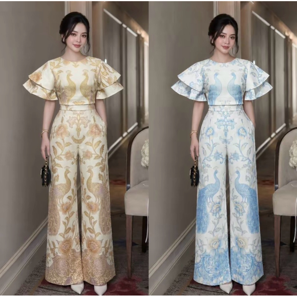 (ปกติ .5ข้าม) ชุดไทยประยุกต์ ชุดเซตกางเกงขายาว เสื้อแขนระบาย+กางเกงเอวสูง ลายนกยูง สวยมากๆ งานป้าย chalita