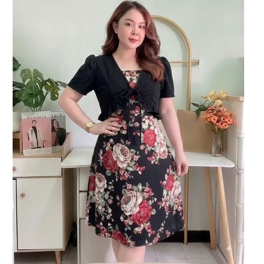 เดรสสาวอวบผ้ายืดวูลเวฟ แต่งผ้าไหมอิตาลีใส่สบาย ฟรีไซส์รอบอก ก่อนยืด 42" ยืดได้ถึง46" เอว 36-44"+สะโพก 46-50“+ยาว 40”WT