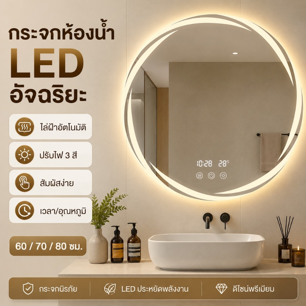 กระจกห้องน้ำ LED อัจฉริยะ ทรงกลม ระบบไล่ฝ้า ปรับไฟ 3 สี หรี่แสงได้ ระบบสัมผัส แสดงเวลาและอุณหภูมิ 60/70/80 ซม.