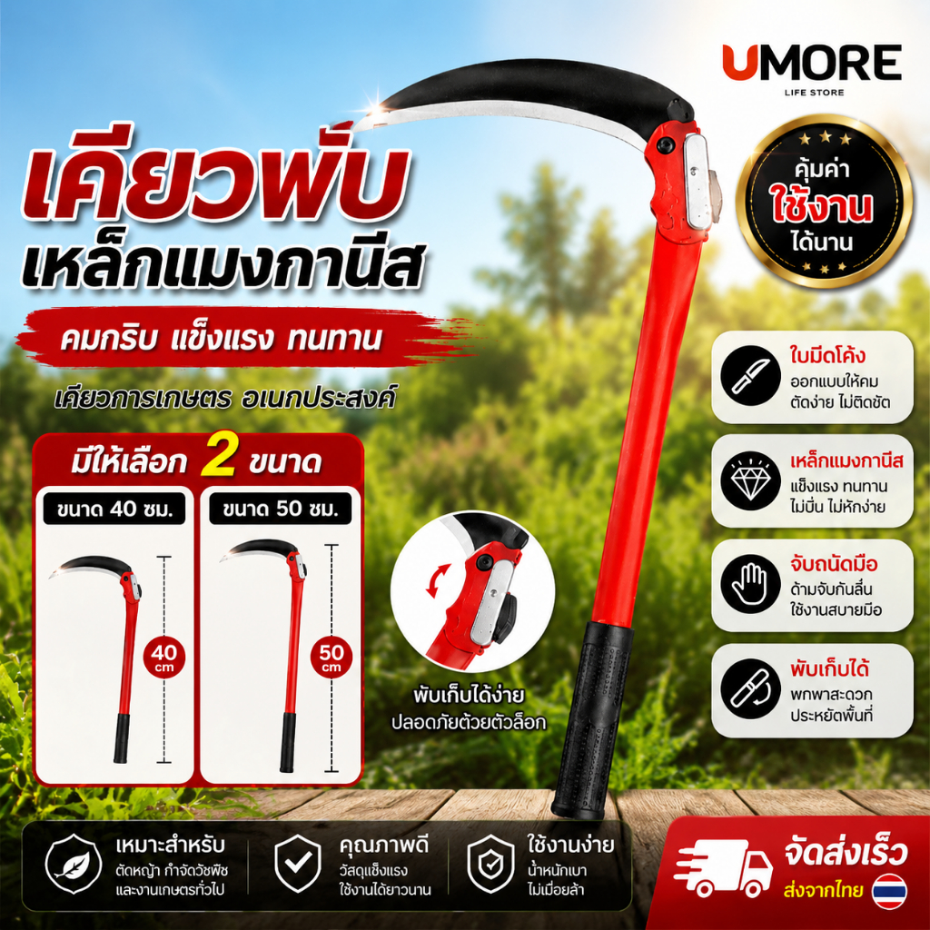 UMORE เคียวเหล็กแมงกานีส พับได้ เหมาะสำหรับการเกษตร แข็งแรงทนทาน มีดตัดหญ้า ด้ามกันลื่น ใบมีดโค้ง จับสบาย คุณภาพดี