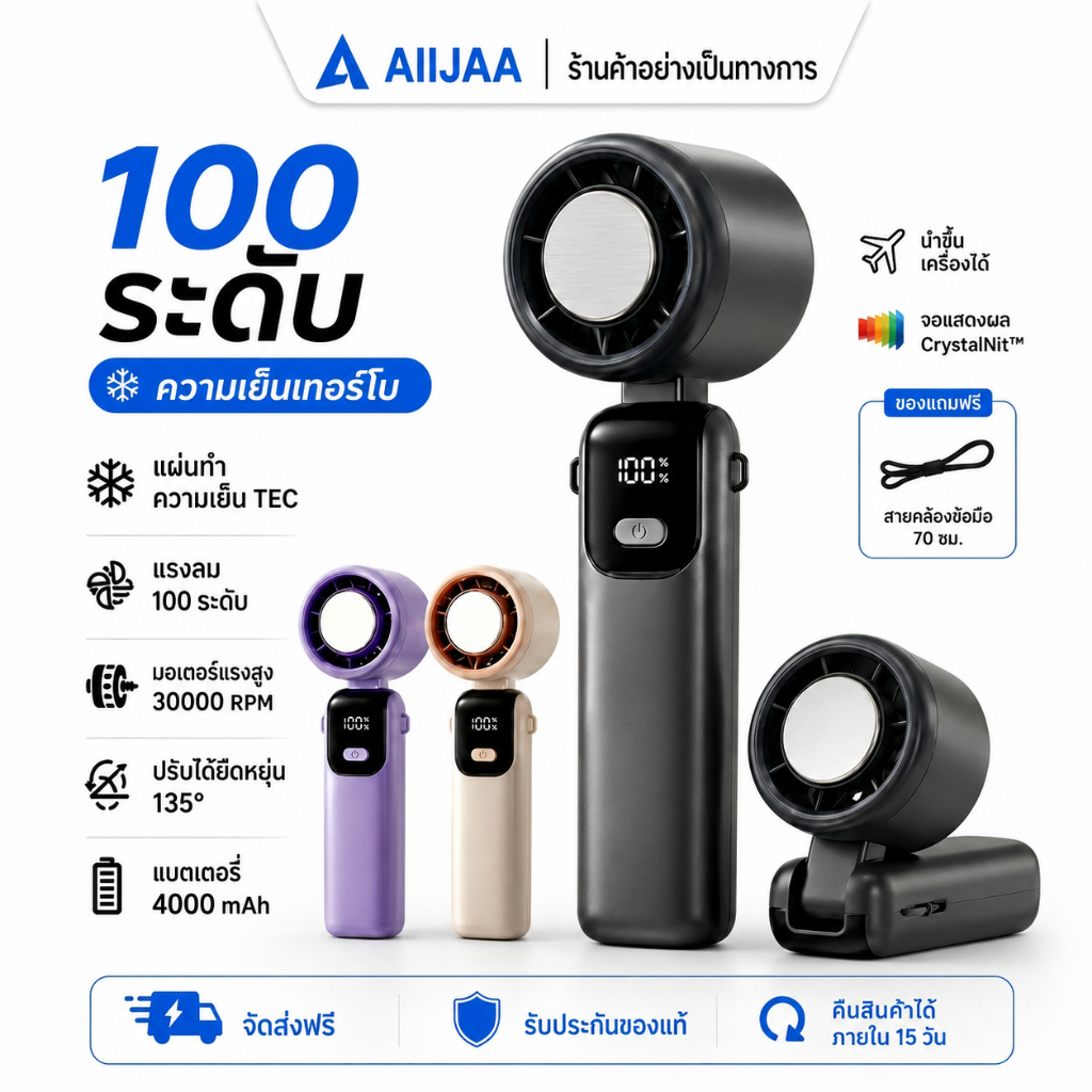 AIIJAA พัดลมพกพา พัดลมมือถือ ลมแรง 100 ระดับ พัดลมเย็นเทอร์โบ พร้อมแผ่นความเย็น TEC จอ LED แบต 4000mAh ชาร์จ USB Type-C