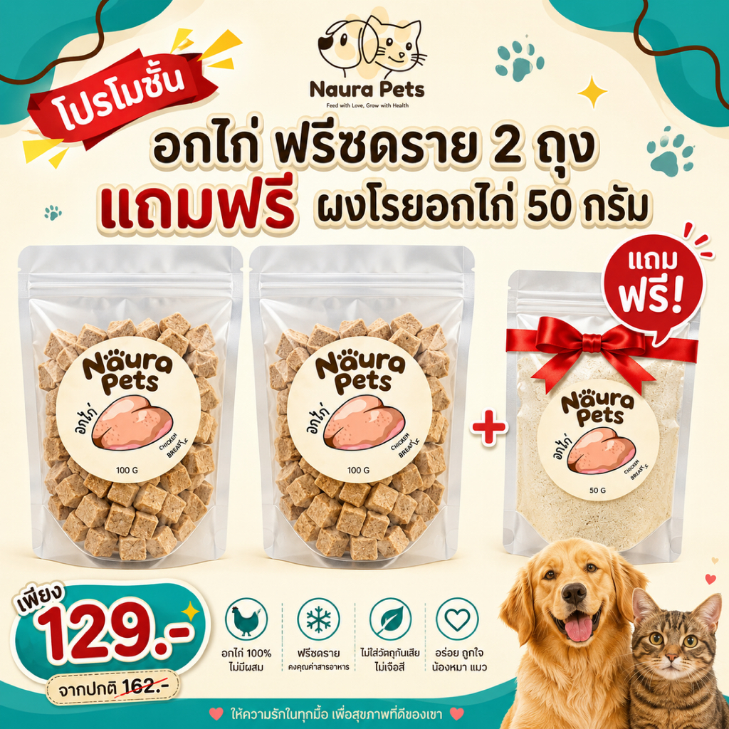 Naura Pets โปรซื้อ 2 แถม 1 อกไก่ฟรีซดราย 2 ถุง (ขนาด 100 กรัม) แถมฟรีผงโรยอกไก่ (50 กรัม)