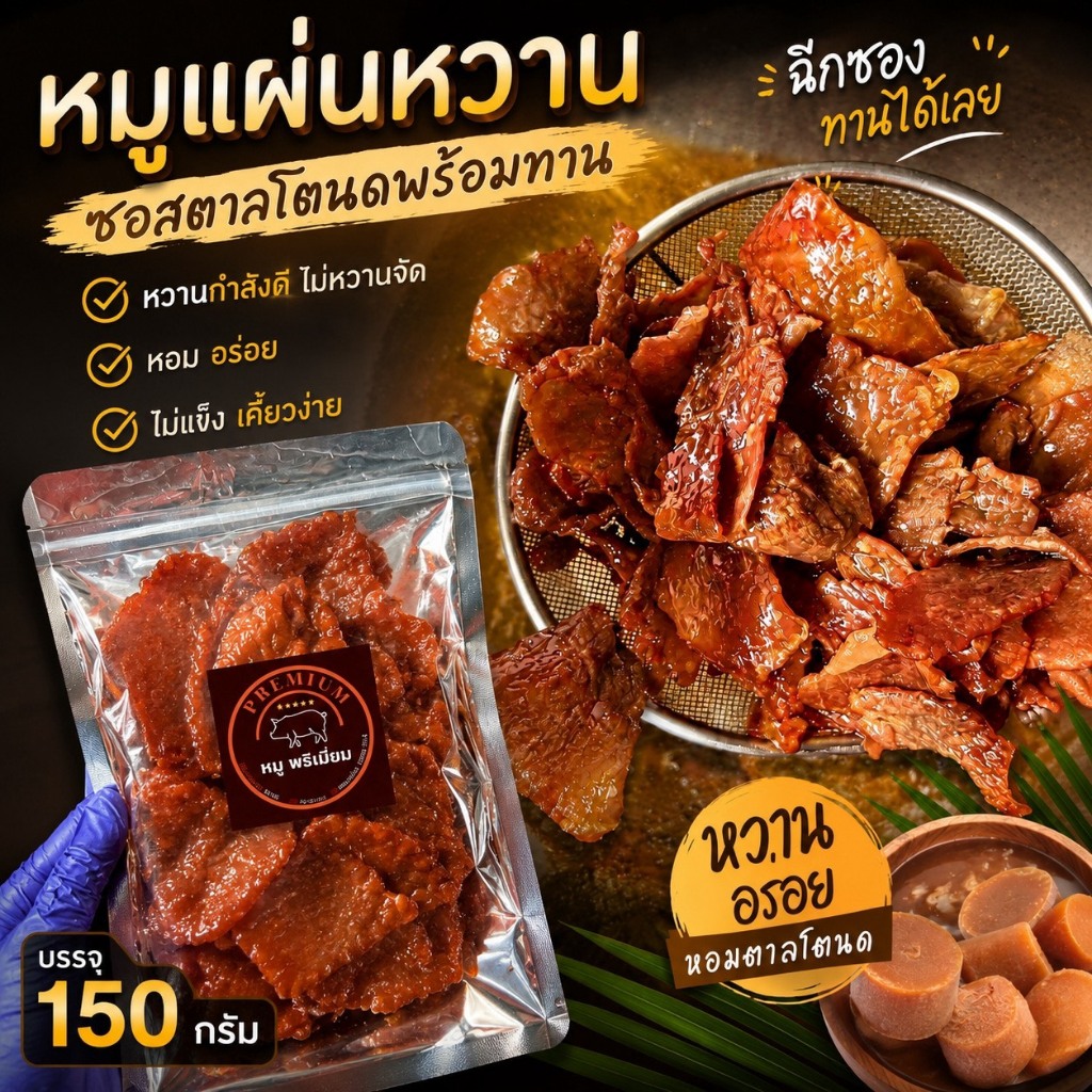 หมูแผ่น หมูหวาน หมูสวรรค์ สูตรดั้งเดิม หวานน้อย ถุงซิป 150 กรัม