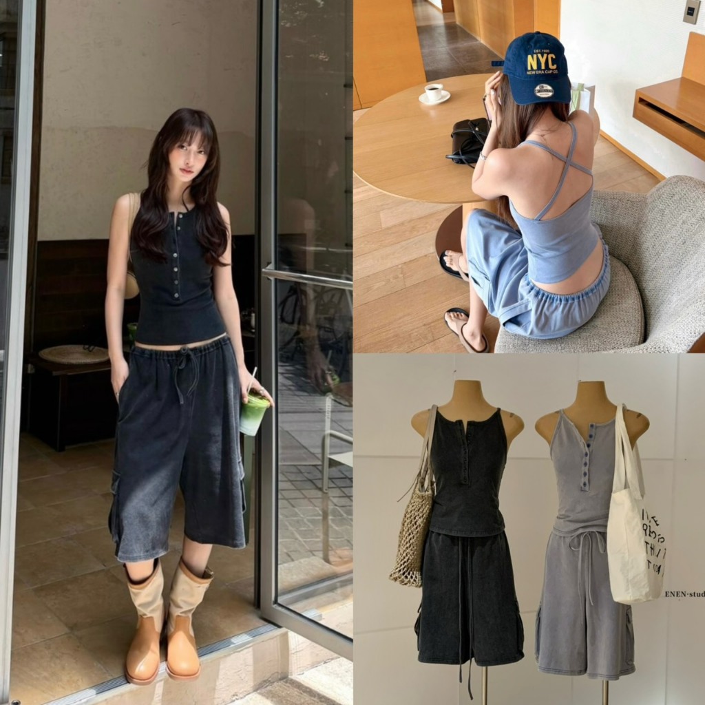 (พร้อมส่ง ดำ) Set2pcs เสื้อแขนกุดมีสายไขว้หลัง+กางเกงเอวยางยืด - 10661 TAG WG.WE 🇰🇷