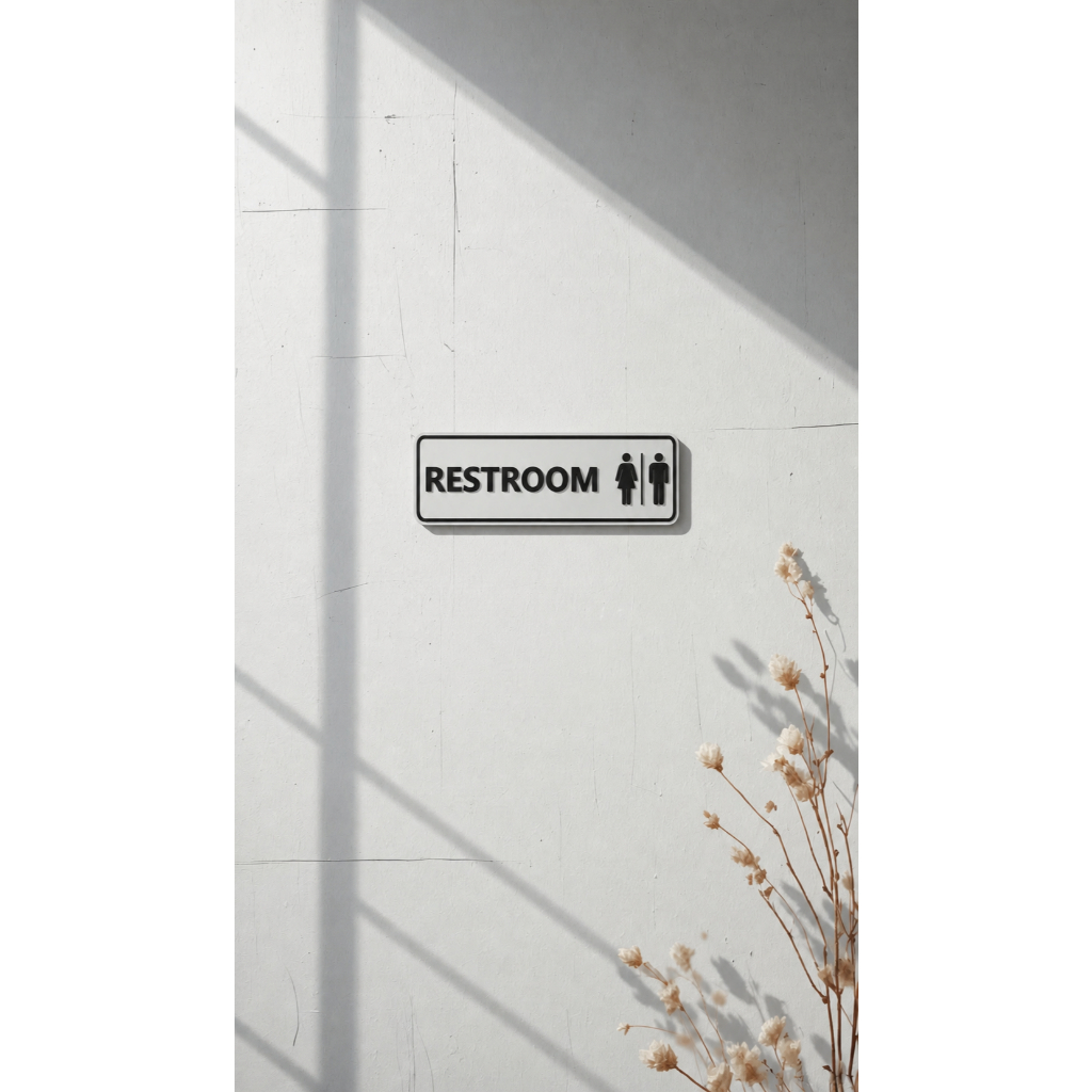 ป้ายห้องน้ำรวม ป้าย RESTROOM งาน 3DPrint สี่เหลี่ยมขอบมน ป้ายบอกทางห้องน้ำชายหญิง ร้านอาหาร คาเฟ่ น้ำหนักเบา ติดตั้งง่าย