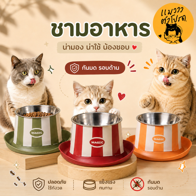 ชามอาหารสแตนเลส สำหรับแมว สุนัข ชามข้าวสัตว์เลี้ยง พร้อมฐานรอง กันมด รอบด้าน แข็งแรง ทนทาน