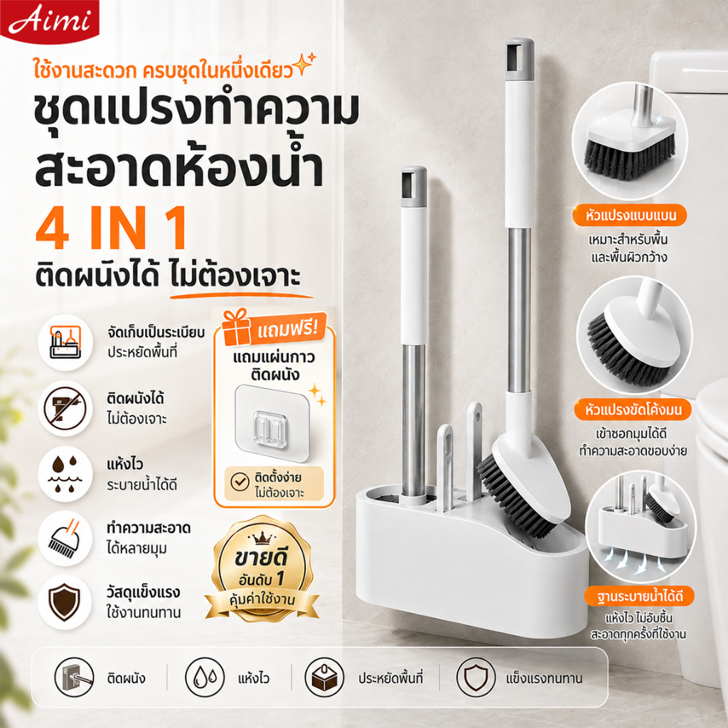 Aimi 4in1 แปรงขัดส้วม แปรงขัดโถส้วม ชุดทำความสะอาด ติดผนังไม่ต้องเจาะ ระบายน้ำเร็ว พร้อมแผ่นกาว แปรงขัดชักโครก