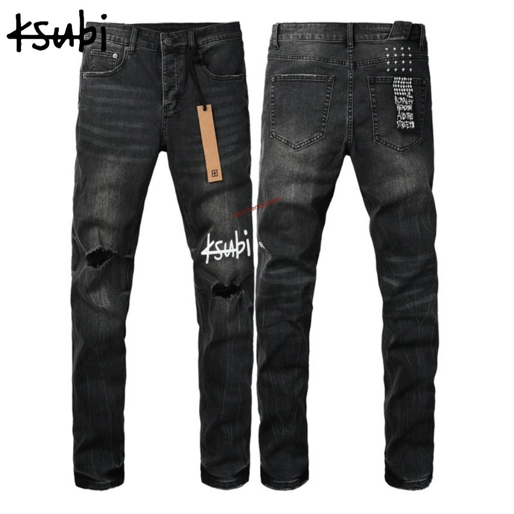 Ksubi กางเกงยีนส์พิมพ์ลายตัวอักษรสำหรับผู้ชาย กางเกงขายาวสีดำทรงเข้ารูปขาดๆ 3050
