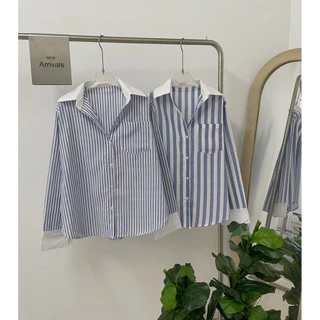 Seeingstudio | Terra shirt เสื้อเชิ้ตลายทางผู้หญิง Freesize ดีเทลคอปก+ปลายแขนสีขาว