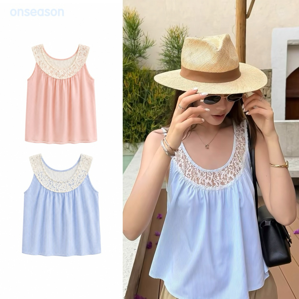 ONSEASON - Eliza Top พร้อมส่ง เสื้อกล้ามแต่งขอบลูกไม้รอบคอ
