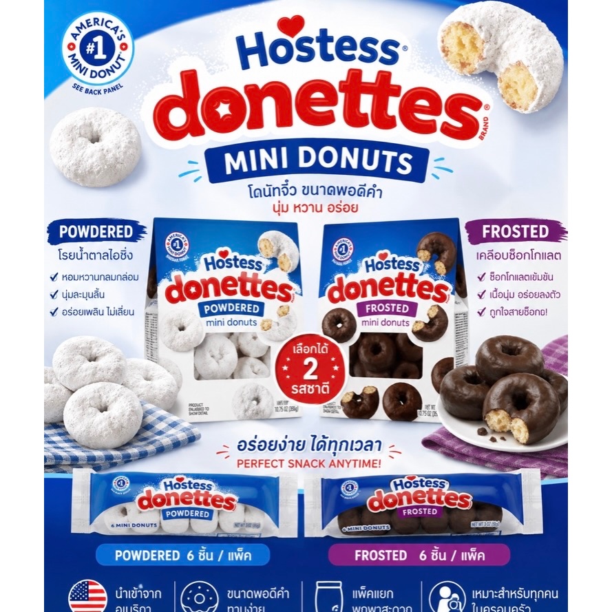 Hostess Donettes Mini Donuts 🍩 | Powdered & Frosted | โดนัทจิ๋วอเมริกา นำเข้าจาก USA 🇺🇸