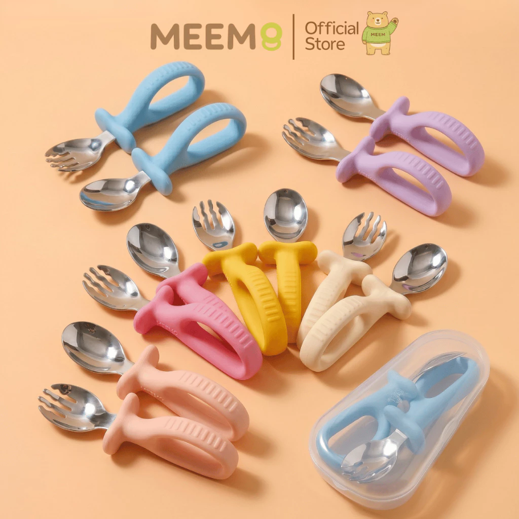 MEEM ช้อนส้อมฝึกทานอาหารเด็ก แบบห่วง ปลายสแตนเลส มีกันสำลัก รุ่น First step (Colorful Series)