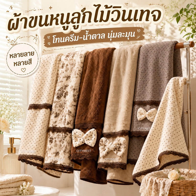 CITYNEST ผ้าเช็ดตัว สไตล์วินเทจ ผ้าขนหนู ตกแต่งด้วยโบว์ลูกไม้ ผ้านาโนฟลีซ ขนาดใหญ่พิเศษ ซับน้ำดี เนื้อนุ่ม