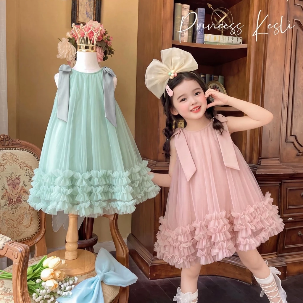 PRINCESS KESLI 1-9 ปี เดรสเด็กผู้หญิง ชุดเดรสแขนกุดเด็กผู้หญิง ตกแต่งโบว์ สำหรับไปงานวันเกิด/ปาร์ตี้