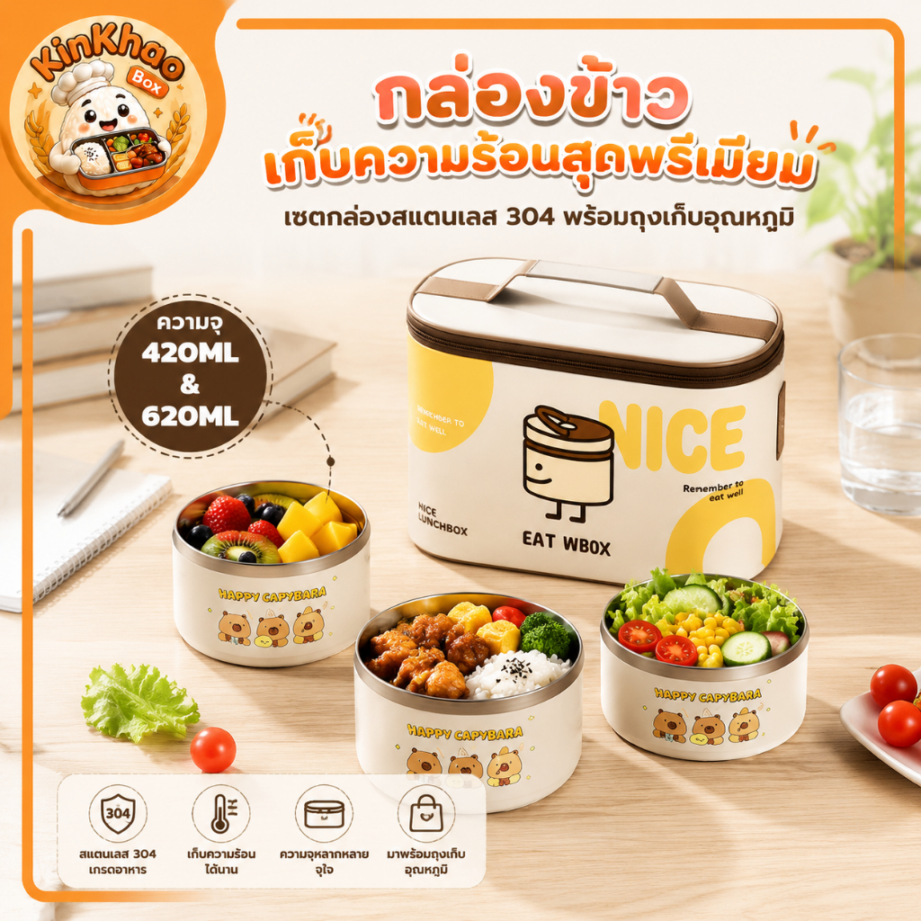 [พร้อมส่ง] เซตกล่องข้าว สแตนเลส 304 เก็บความร้อน พร้อมถุงเก็บอุณหภูมิ พกพาสะดวก กล่องใส่อาหาร