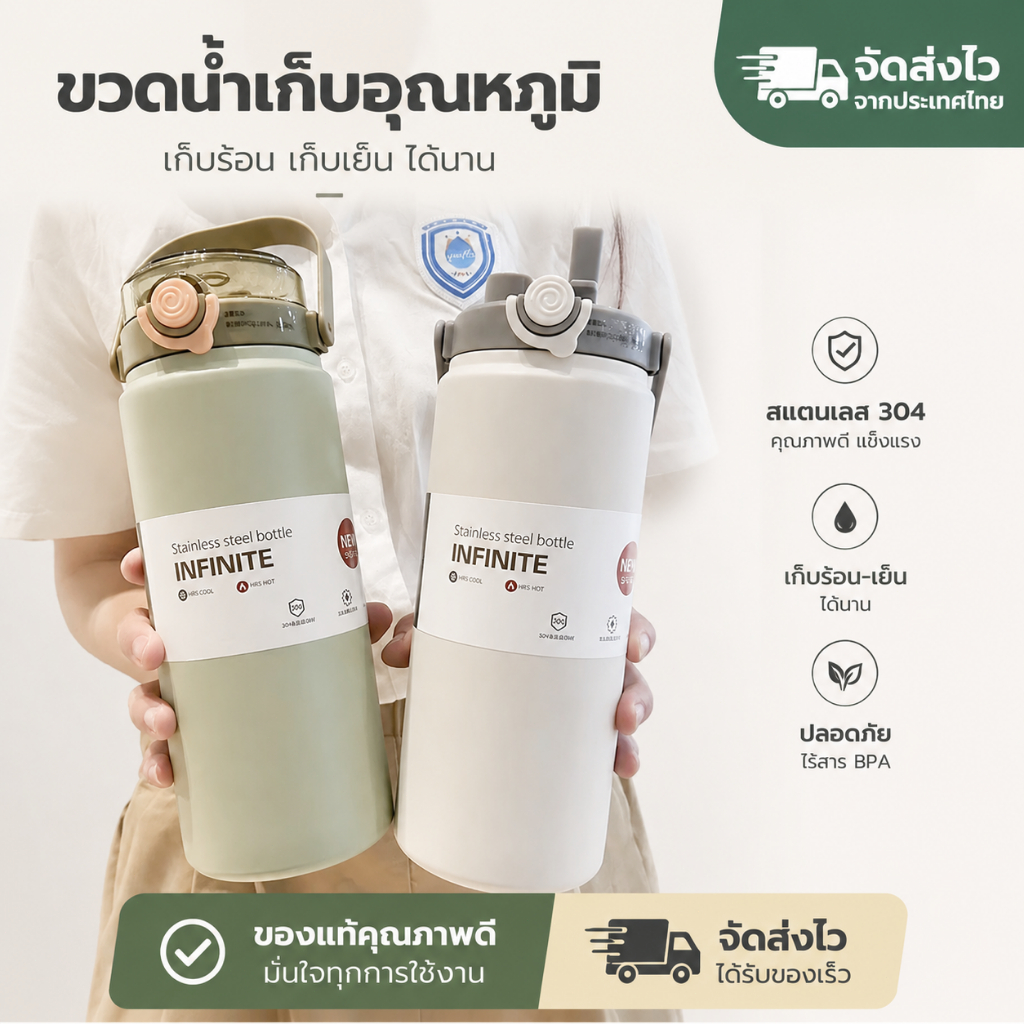แก้วน้ำสแตนเลส 316 1000ml/1200ml เก็บอุณหภูมิ ฝาปิดแน่น พกพาง่าย