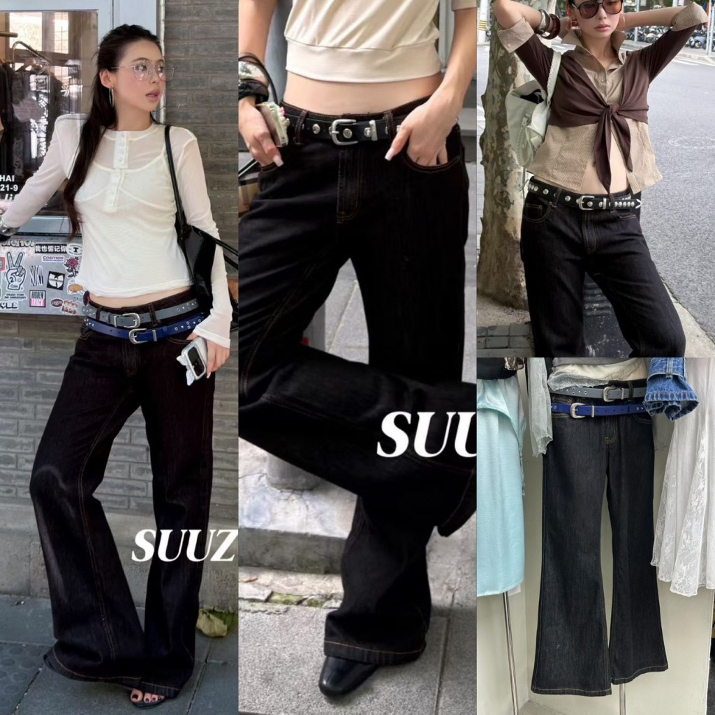 🧵🧡 🇰🇷 SU609 กางเกงยีนส์สีดำทรงสวย ดีไซน์ Wide Leg ขากว้างแบบ Long Length แฟชั่นเกาหลี TAG MM Fish ✈