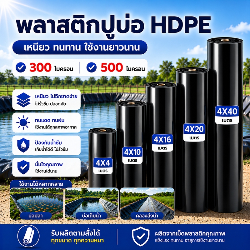 【300/500 ไมครอน】พลาสติกปูบ่อ ผ้ายางปูบ่อปลา HDPE ผ้าปูบ่อปลา ผ้ายาง 0.3mm/0.5mm ทนทาน50ปี