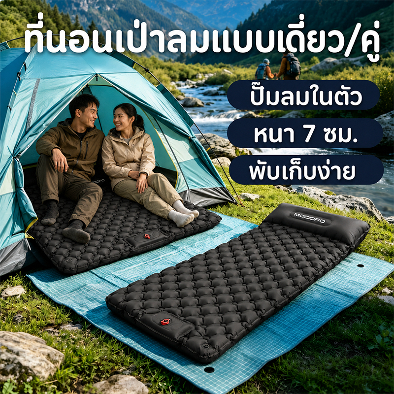 MODOFO ที่นอนลม มีหมอน ที่นอนลมกลางแจ้ง เบาะนอนพกพา 190*60ซม เตียงเป่าลม ที่นอนแคมป์ปิ้ง พกพาสะดวก