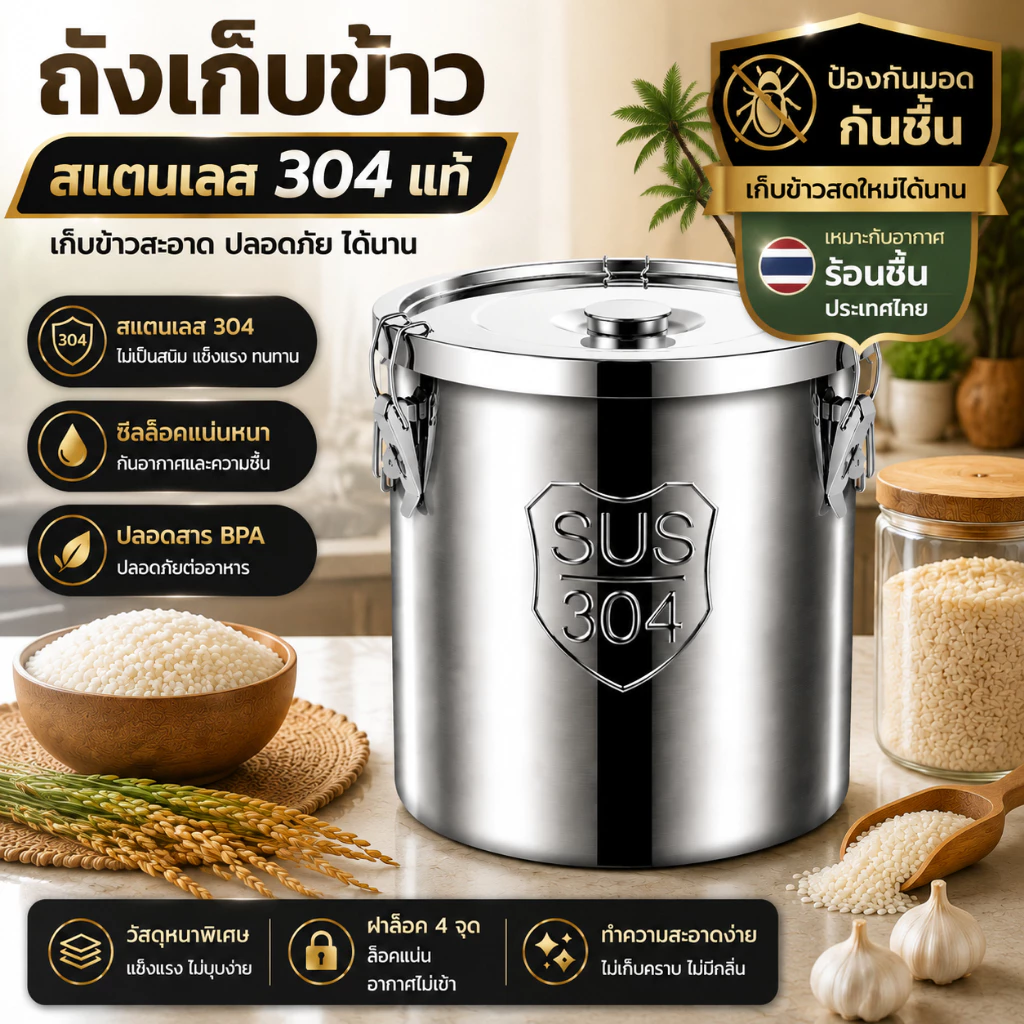 ถังเก็บข้าวสารสเตนเลส 304 เนื้อหนาพิเศษ ฝาซีลสูญญากาศ กันมดกันชื้น เหมาะสำหรับเก็บของแห้งและธัญพืช