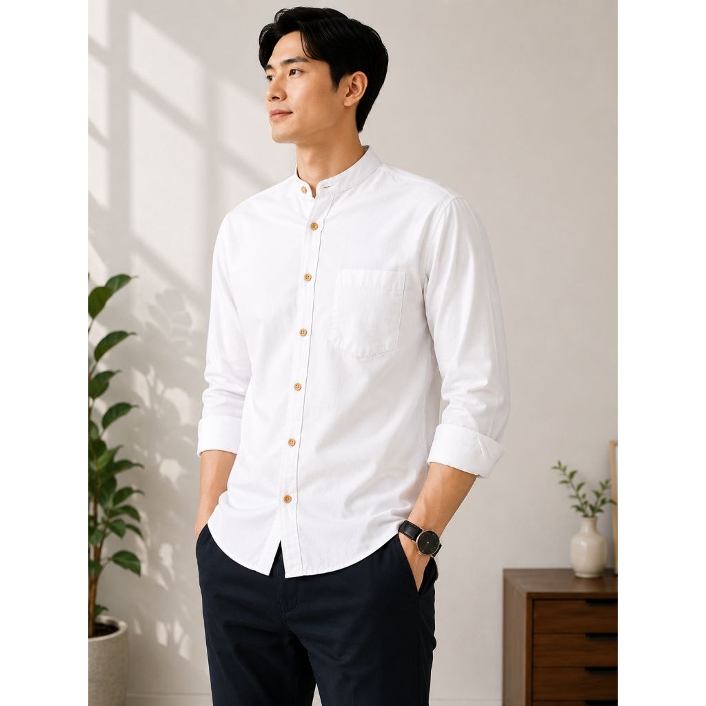 เสื้อเชิ้ตคอจีน เสื้อคอจีน เสื้อใส่ทำงาน เสื้อใส่เที่ยว สีขาว