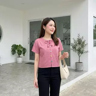เสื้อผ้าฝ้ายผู้หญิง คอกลม ผูกโบว์ดอกทิวลิป กระดุมสีพาสเทล ผ้าฝ้ายชินมัย ผ้าดีใส่สบาย