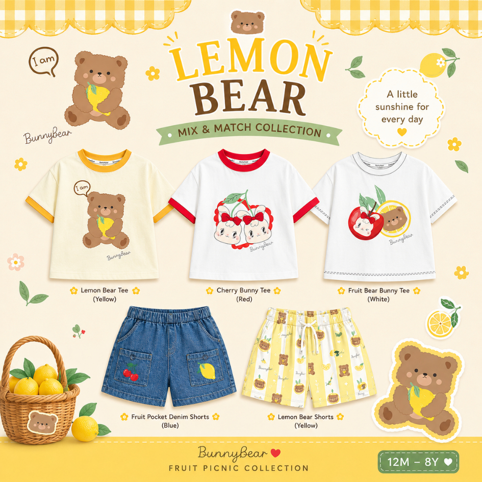 BunnyBear Fruit Picnic Kids  – เสื้อยืดเด็ก และกางเกง