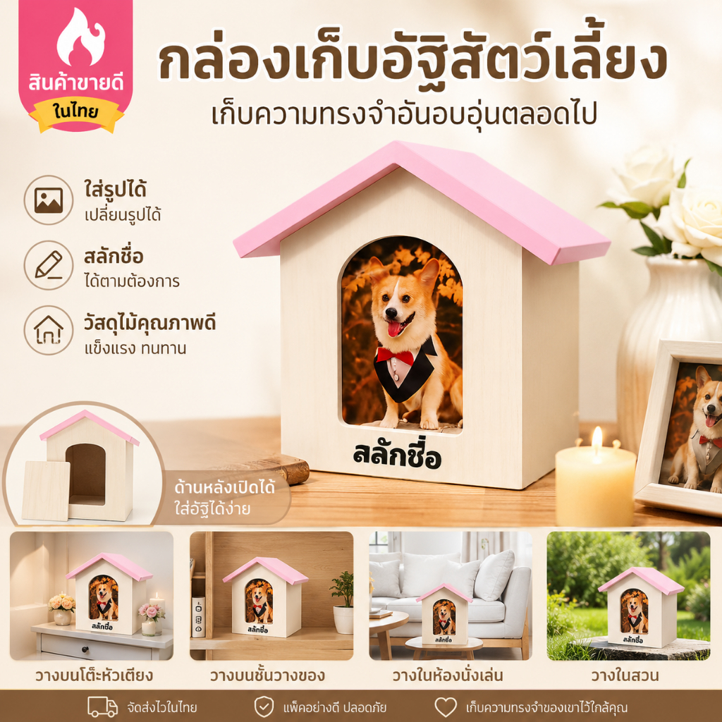 โกศเก็บอัฐิน้องหมาน้องแมว ทรงบ้านไม้พร้อมที่ใส่รูป ของที่ระลึกสัตว์เลี้ยง สลักชื่อเฉพาะตัวได้