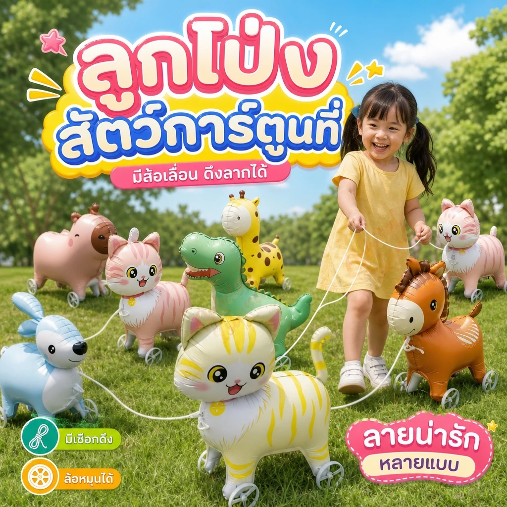ลูกโป่งเดินได้ ล้อลากรูปสัตว์น่ารัก มาพร้อมกับเชือกลากจูง เหมาะสำหรับเด็กเล่น หลากหลายรูปแบบให้เลือก