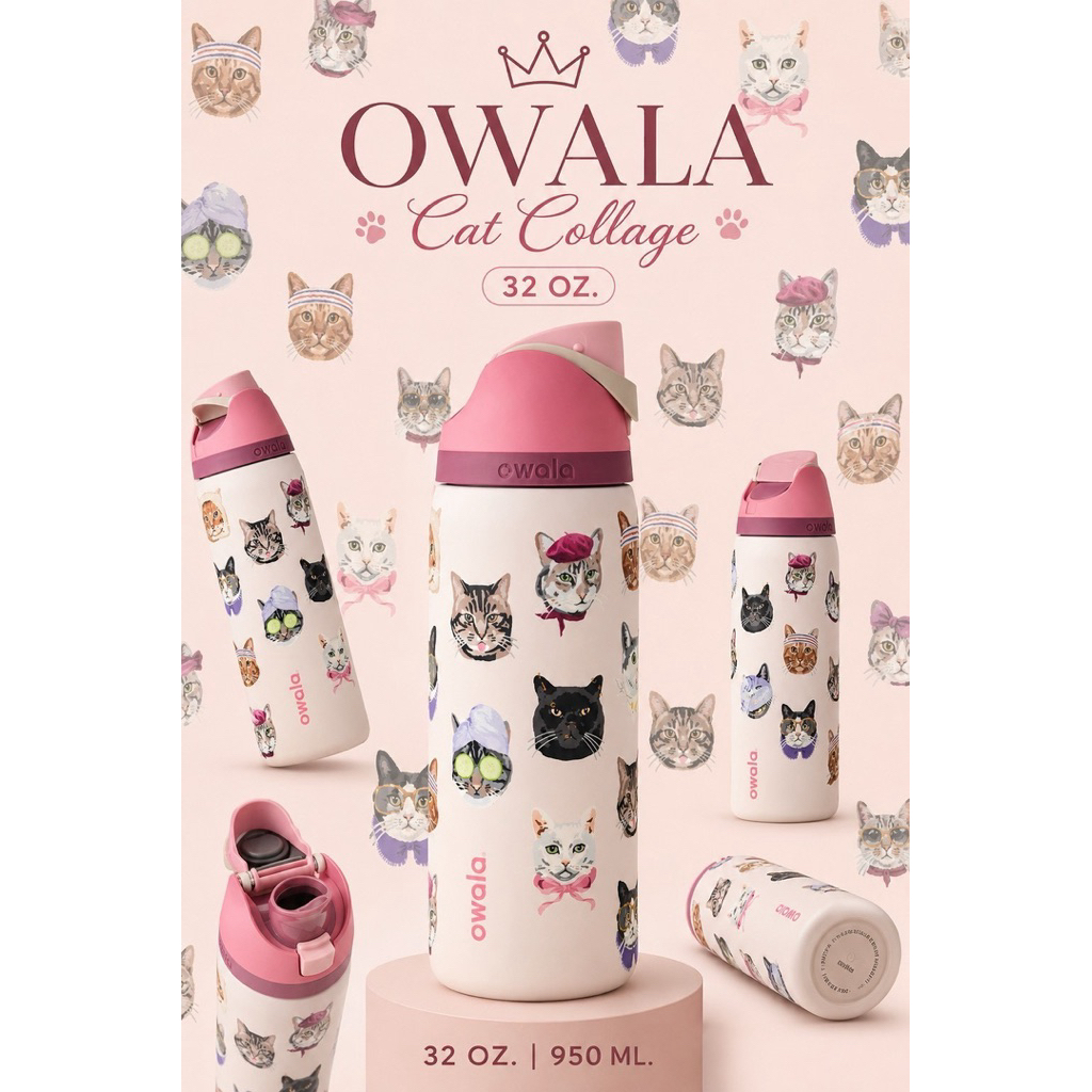 ขวดแมวชมพู32oz 𝗢𝘄𝗮𝗹𝗮 𝘅 𝗨𝗢 𝗖𝗮𝘁 𝗖𝗼𝗹𝗹𝗮𝗴𝗲 𝟯𝟮𝗼𝘇 …..สำหรับทาสแมวตัวจริง… ใบนี้คือโดนตกตั้งแต่แรกเห็น