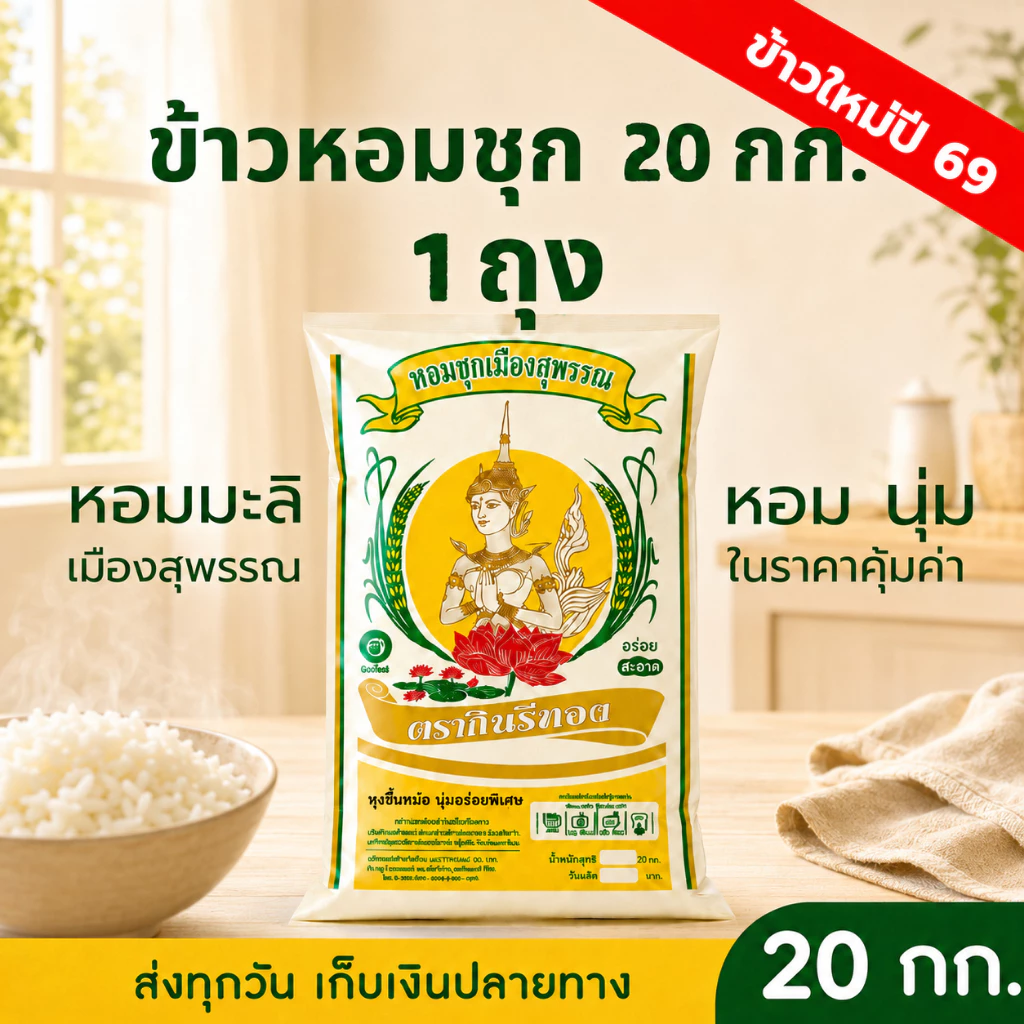 [20 กก.] ข้าวหอมชุกสุพรรณ สั่งกี่รอบก็นุ่มเหมือนเดิม 20 กิโลกรัม ตรากินรีทอง ( หอมมะลิ เมืองสุพรรณ )