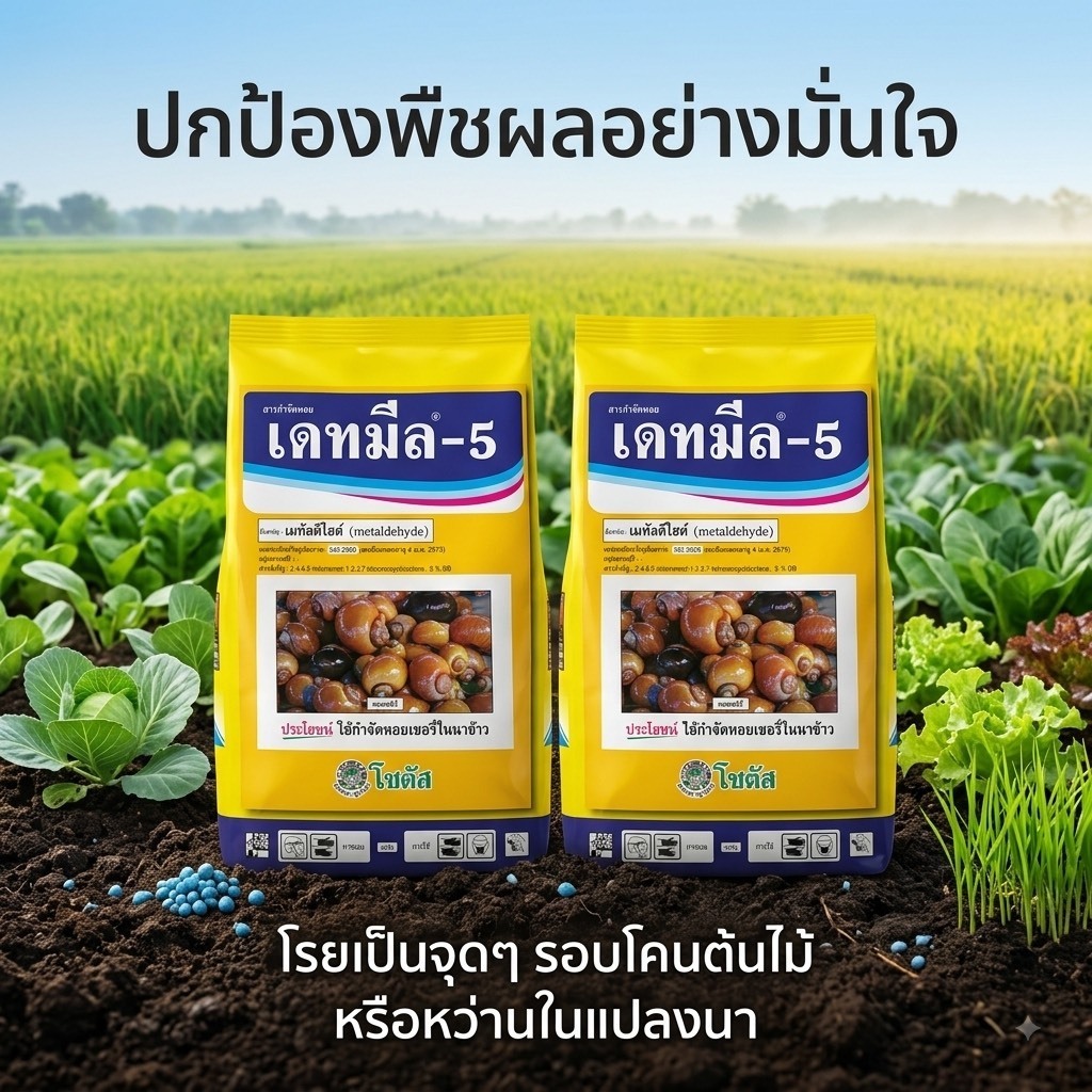 เดทมีล-5 (Deadmeal-5) สารสำคัญคือ เมทัลดีไฮด์ (metaldehyde) 5% GB ขนาด 1kg