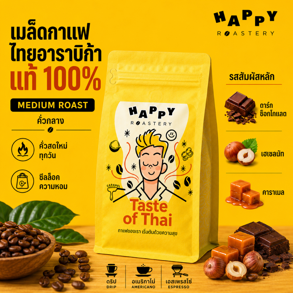เมล็ดกาแฟคั่วกลาง อาราบิก้า 100% กาแฟไทย ไม่เปรี้ยว หอม ดริป/อเมริกาโน่ 200g Happy Roastery Taste of Thai
