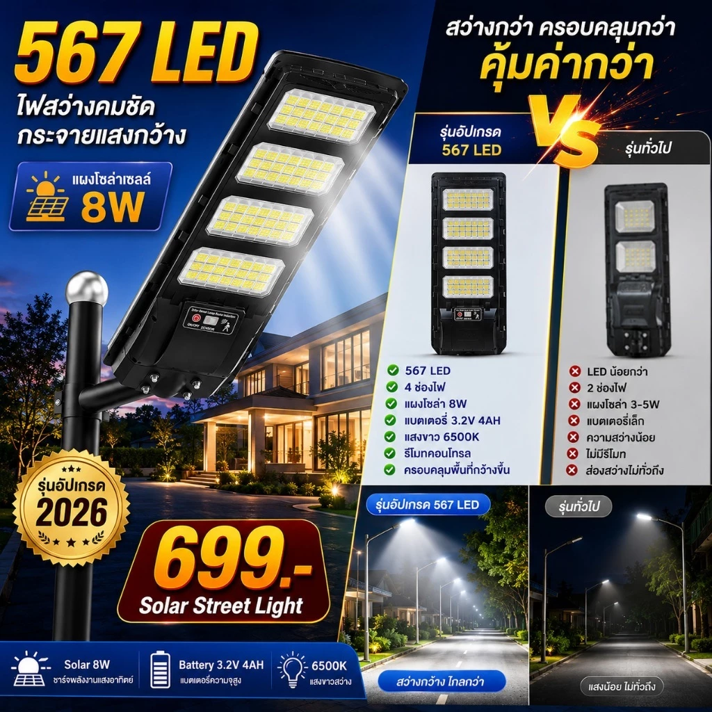KING ซื้อ1แถม1 ไฟโซล่าเซลล์980000W ของแท้ solar light outdoor โคมไฟถนนโซล่าเซลล์ IP68 ไฟโซล่าเซลล์สว่างทั้งคืน ราคาคุ้มค