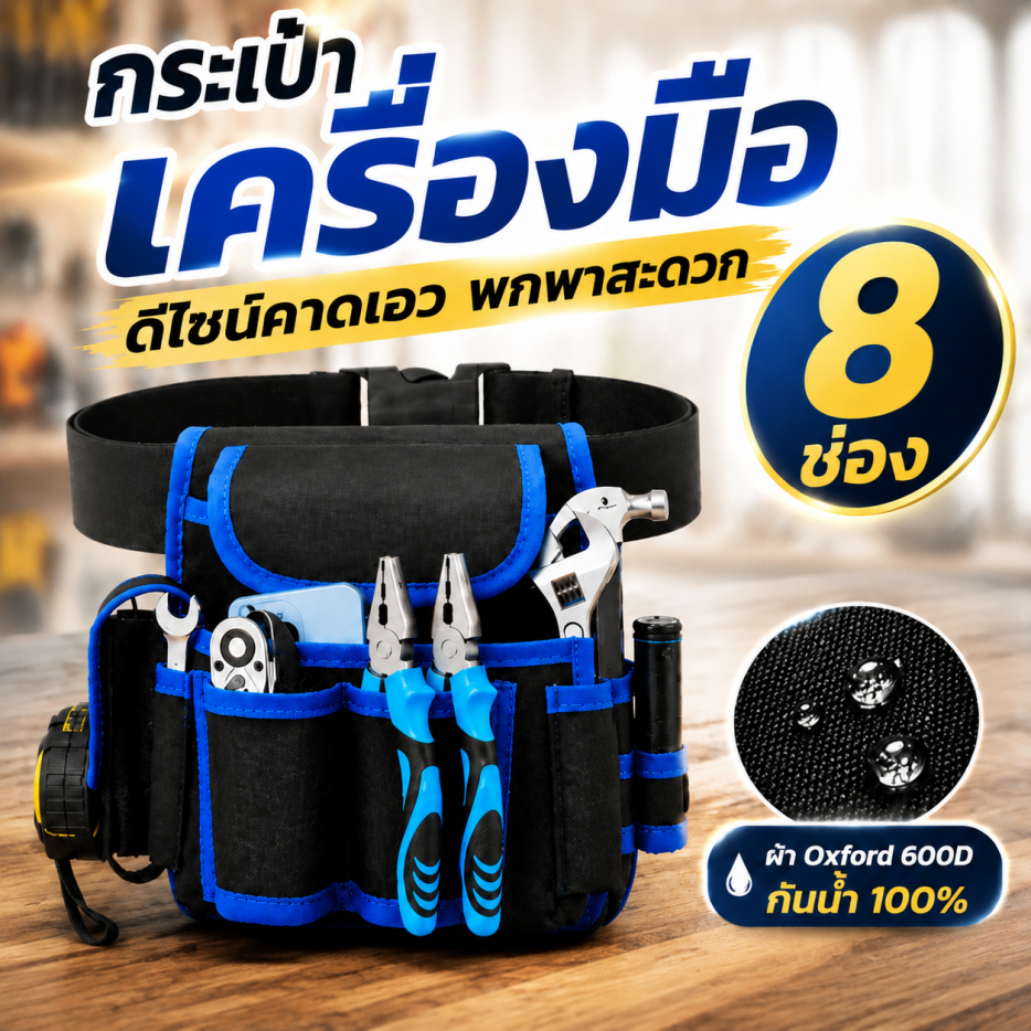 กระเป๋าใส่เครื่องมือช่าง กระเป๋าคาดเอวช่าง 8 ช่องเก็บเครื่องมือ กันน้ำ ทนทาน สำหรับงานช่างทุกประเภท
