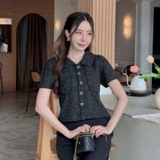 V1[S-XXL] เสื้อครอปคอบัวเล็กน่ารักแต่งกุ้นนูน