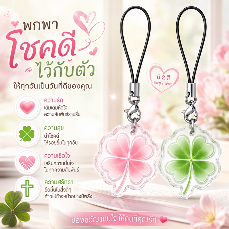 🍀 พวงกุญแจโคลเวอร์ 2 หน้า นำโชค เซ็ต 2 ชิ้น (ชมพู+เขียว) ดีไซน์มินิมอลพกพาง่าย ของขวัญสื่อความห่วงใย
