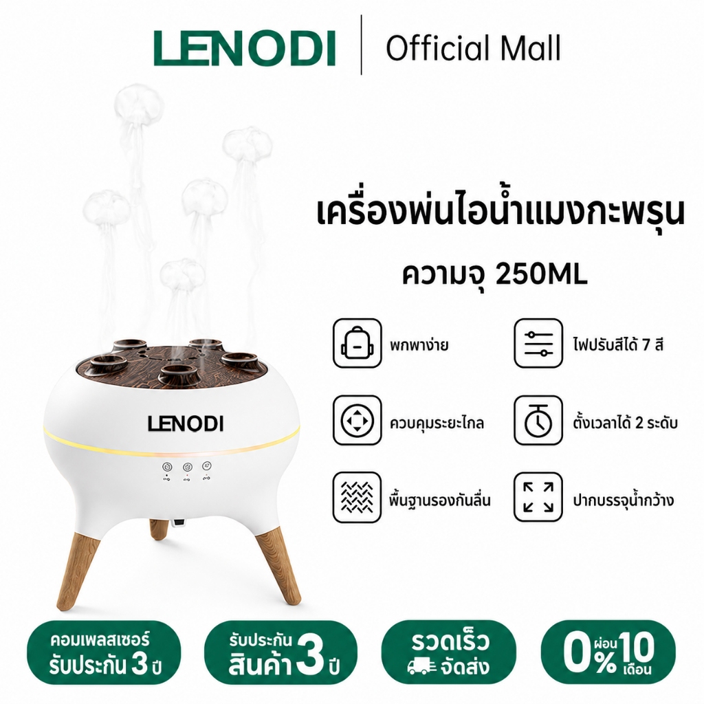 LENODI เครื่องพ่นไอน้ำแมงกะพรุน เครื่องกระจายกลิ่นหอมเจ็ดสี ความจุ 250 มล. อัตราการพ่นละออง: 10-30 ลิตร/ชั่วโมง