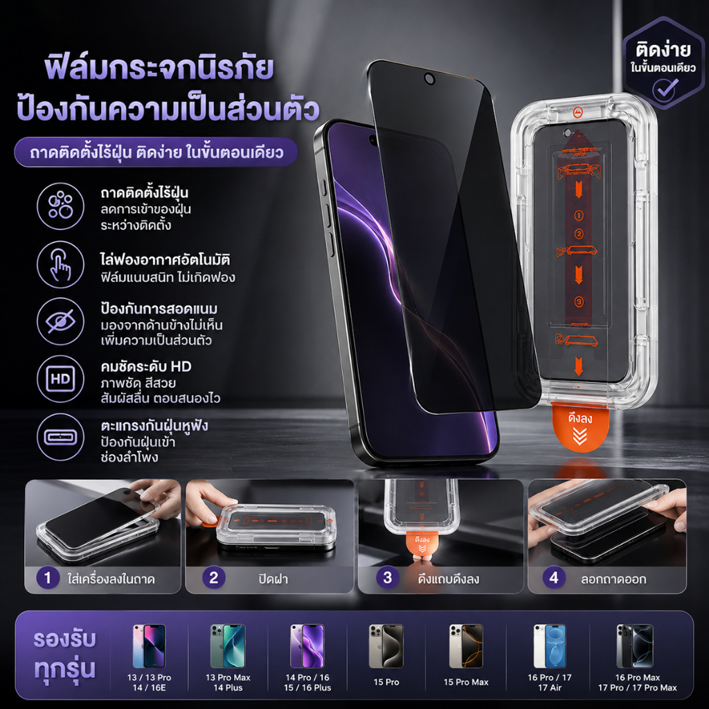 ทำความสะอาดฝุ่นโดยอัตโนมัติ ฟิล์มกันรอยหน้าจอแบบกระจกนิรภัยสำหรับ IP HD ป้องกันการสอดแนม พร้อมถาดติดตั้งแบบไร้ฝุ่น