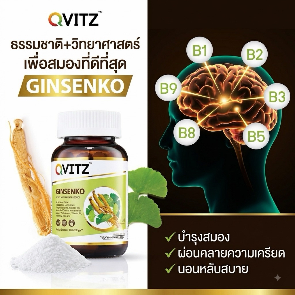 Qvitz Ginsenko 30's อาหารเสริม ใบแปะก๊วย ความจำ ความคิด การทำงาน การพักผ่อน mega sale พร้อมส่ง