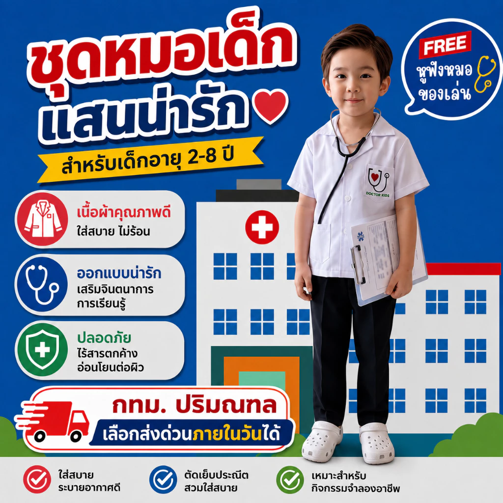 (KIDCITY) ชุดหมอเด็กชาย ชุดหมอตัวน้อย แถมหูฟังของเล่น ชุดอาชีพเด็ก