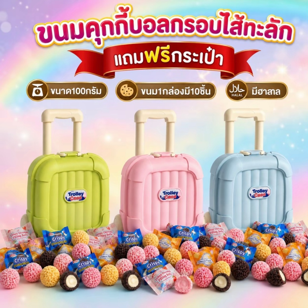แถมฟรีกระเป๋า ขนมคุกกี้บอลกรอบไส้ทะลัก รวม3รสชาติ ชีส ดั้งเดิม สตรอว์เบอรี่