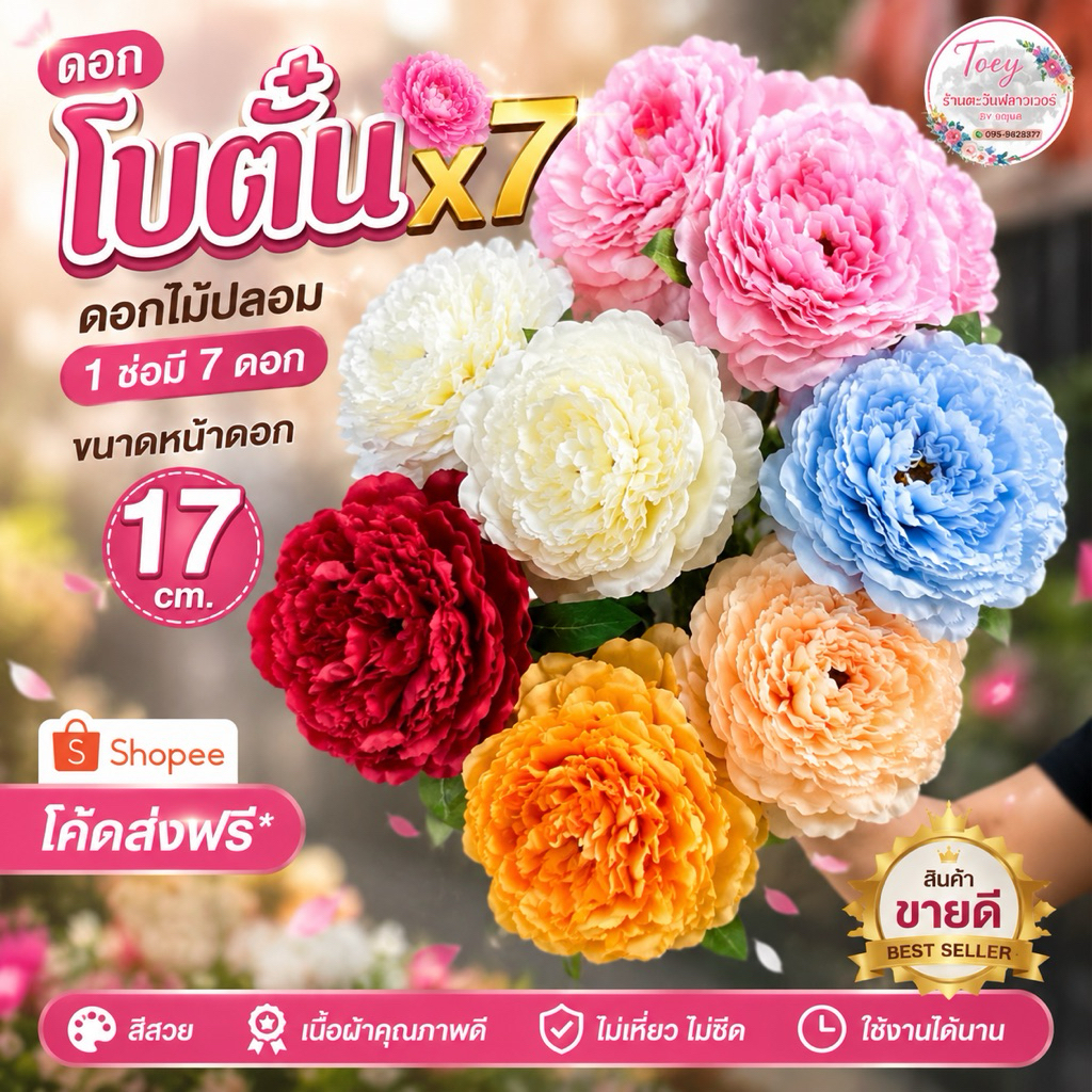ดอกโบตั๋นปลอม ดอกไม้ปลอม โบตั๋นx7 ตะกร้า1