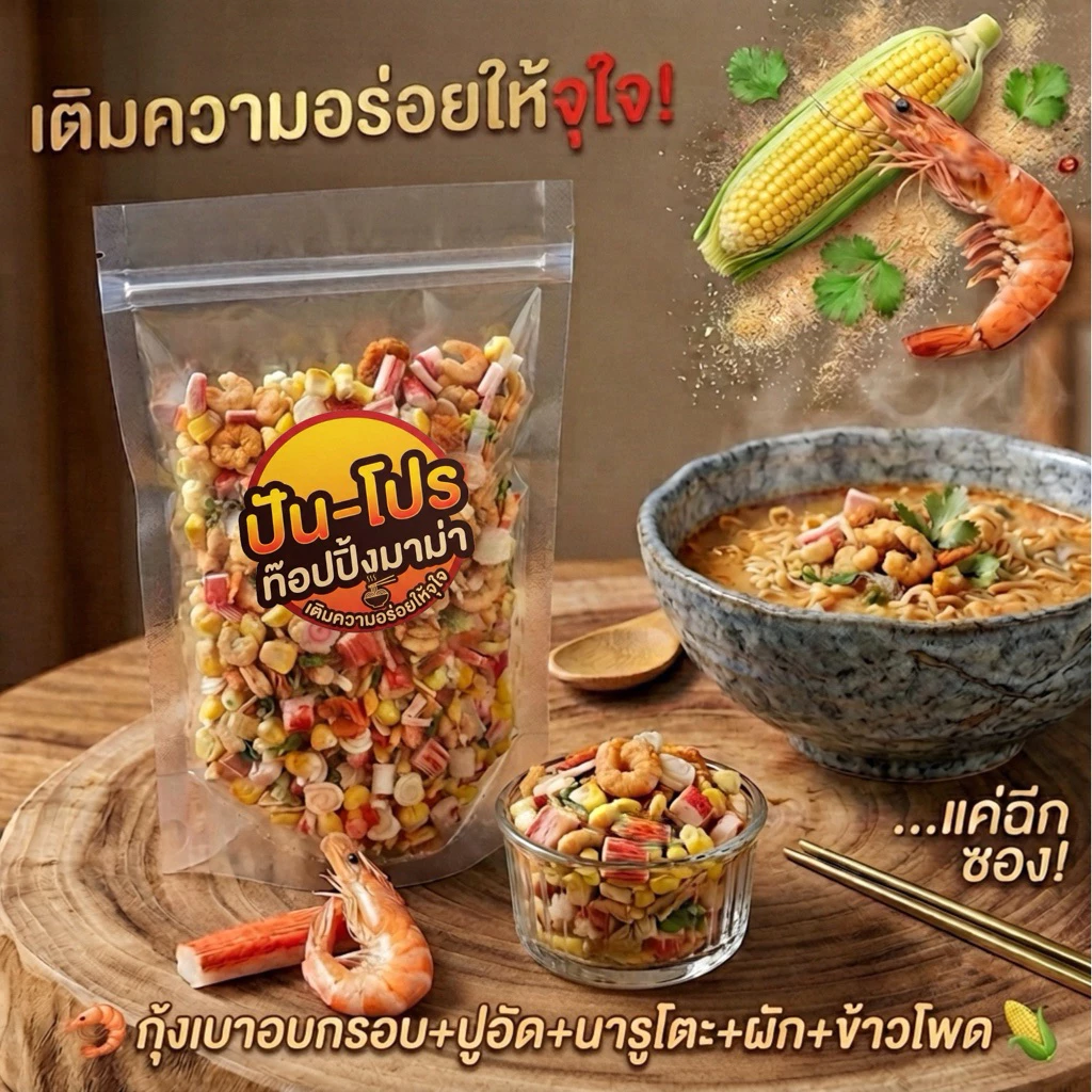 [150g.] Topping Pun-pro ท๊อปปิ้งมาม่า ข้าวต้ม โจ๊ก ปัน-โปร ประกอบด้วยกุ้งเบาอบกรอบ ปูอัด นารูโตะ ผักอบ ข้าวโพดอบ