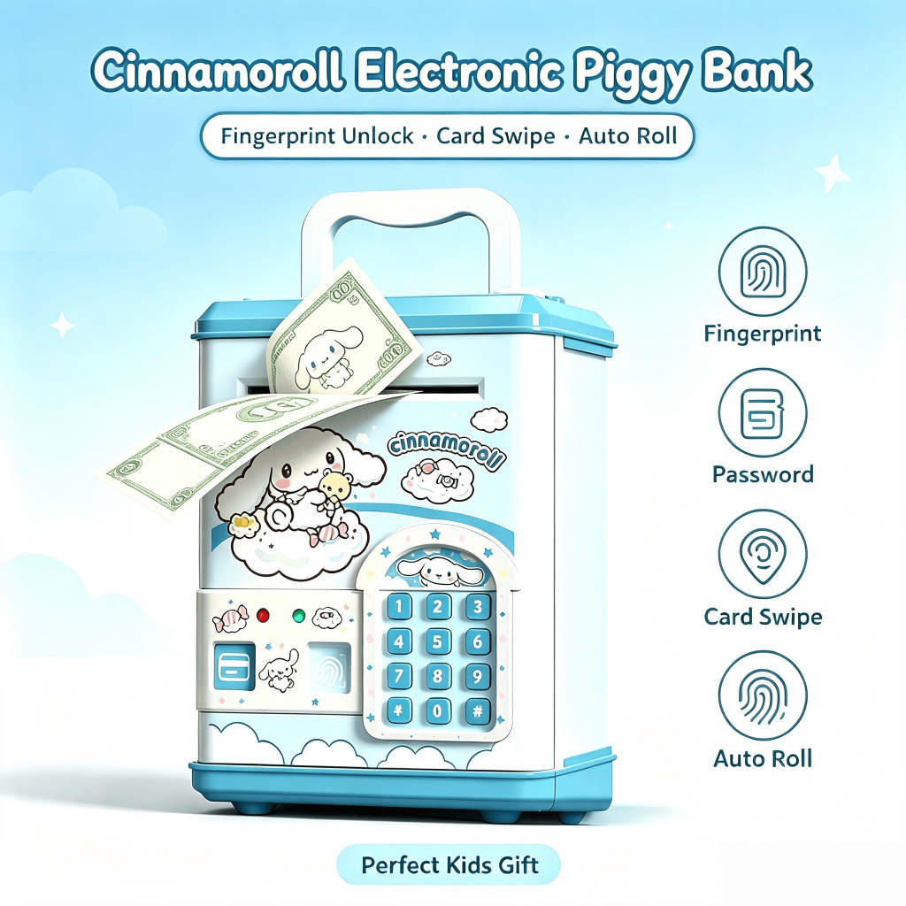กระปุกออมสิน ATM เด็ก ลาย Sanrio พร้อมเสียงดนตรี แสงไฟ รหัสผ่านลายนิ้วมือ ฟังก์ชันสแกนบัตร ของขวัญเด็กคุณภาพสูง
