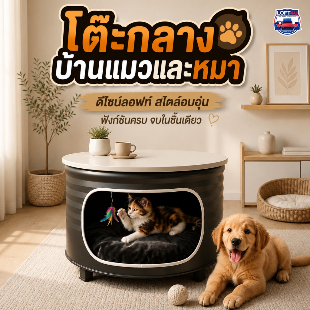 LOFT4U : โต๊ะกลางบ้านหมาบ้านแมว Pet house coffee table 60x60x40Cm (1ตัว) | ส่งฟรีถึงบ้าน รับประกันคว