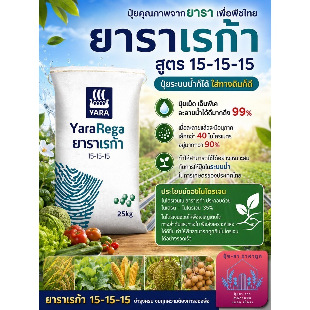 15-15-15 ยาราเรก้า (ขนาด25กก).ปุ๋ยสูตรเสมอปละลายน้ำ100% ไม่มีตะกอน บำรุงต้นใบรากฟื้นต้นโทรม