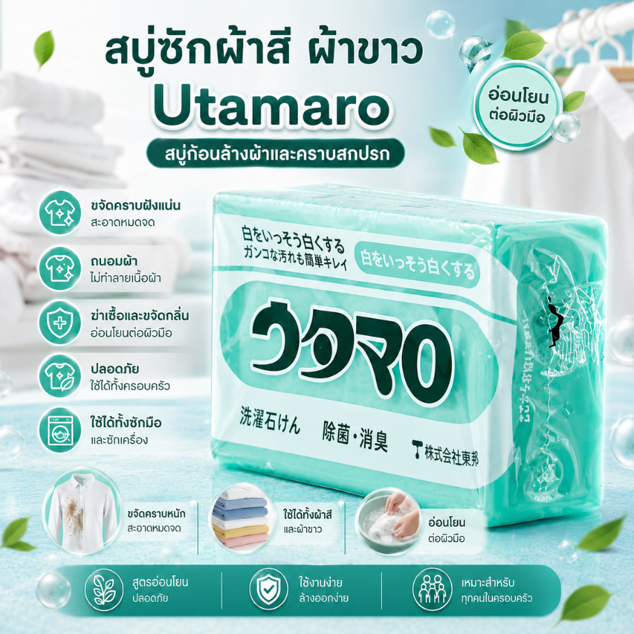 สบู่ซักผ้า ญี่ปุ่น ผ้าขาว ผ้าสี คราบฝังแน่น ก้อนใหญ่ ใช้ได้นาน Utamaro Laundry Soap 133g