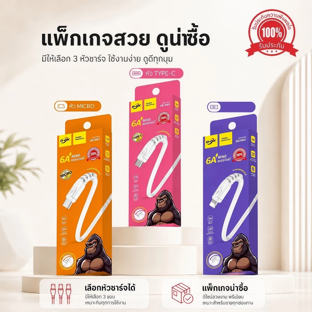 รุ่นขายดีขายมาแล้วเป็นหมื่นๆชิ้น!!W01 สายชาร์จโทรศัพท์มือถือ ชาร์จเร็ว6A ยาว1M สายทำจากวัสดุPVCทนทานต่อการดัดงอ