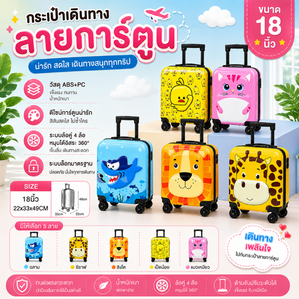 กระเป๋าเดินทางล้อลาก ลายการ์ตูนเด็ก ขนาด18/นิ้ว รถเข็นกระเป๋าเดินทาง การ์ตูนน่ารัก